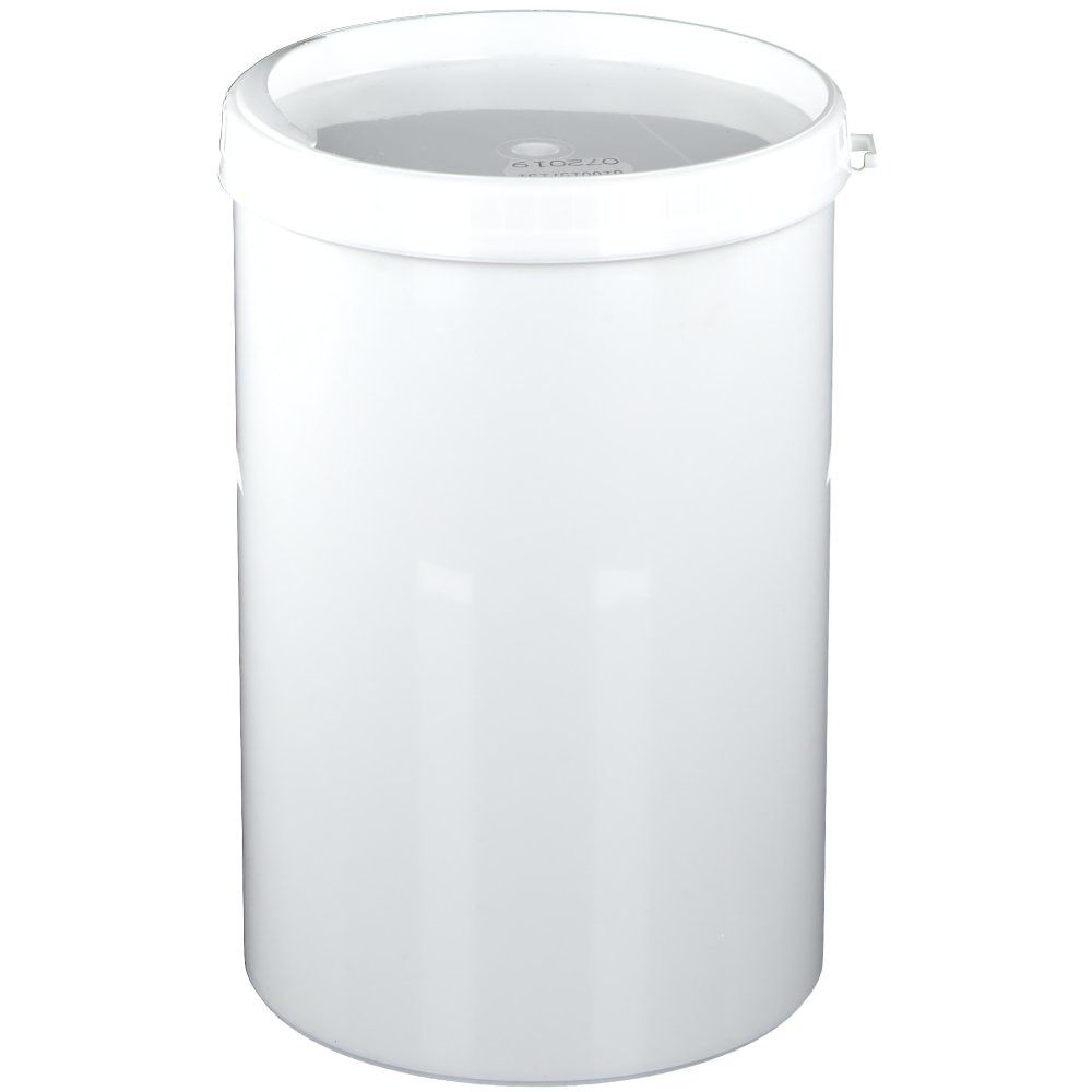 Weißer, zylindrischer Eimer mit Deckel. Geschlossener Deckel. Keine weiteren Details sichtbar.