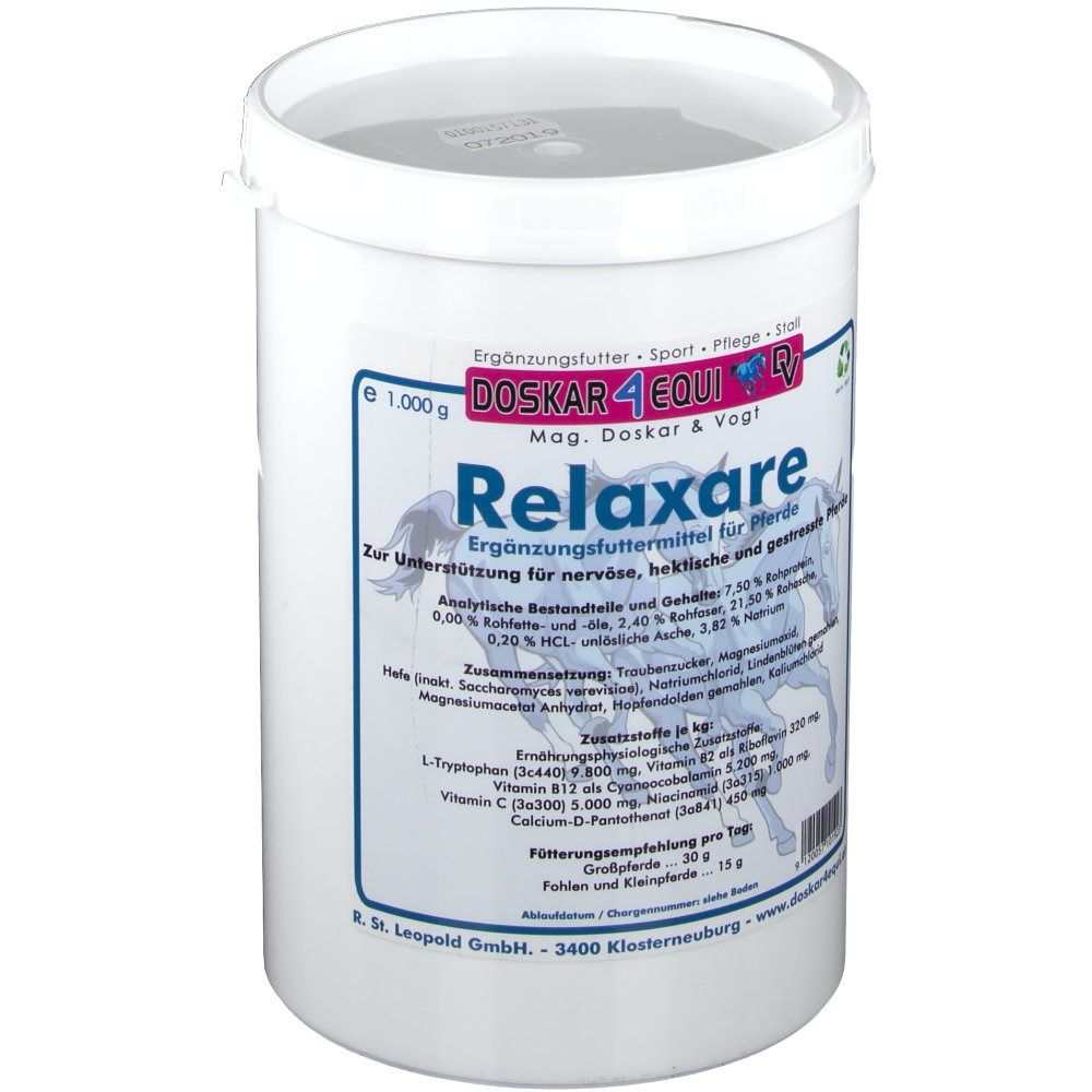 Weißer Eimer mit Deckel. Blaues Etikett mit Produktname Relaxare. Aufschrift: Ergänzungsfuttermittel für Pferde. Gewicht: e 1.000 g.