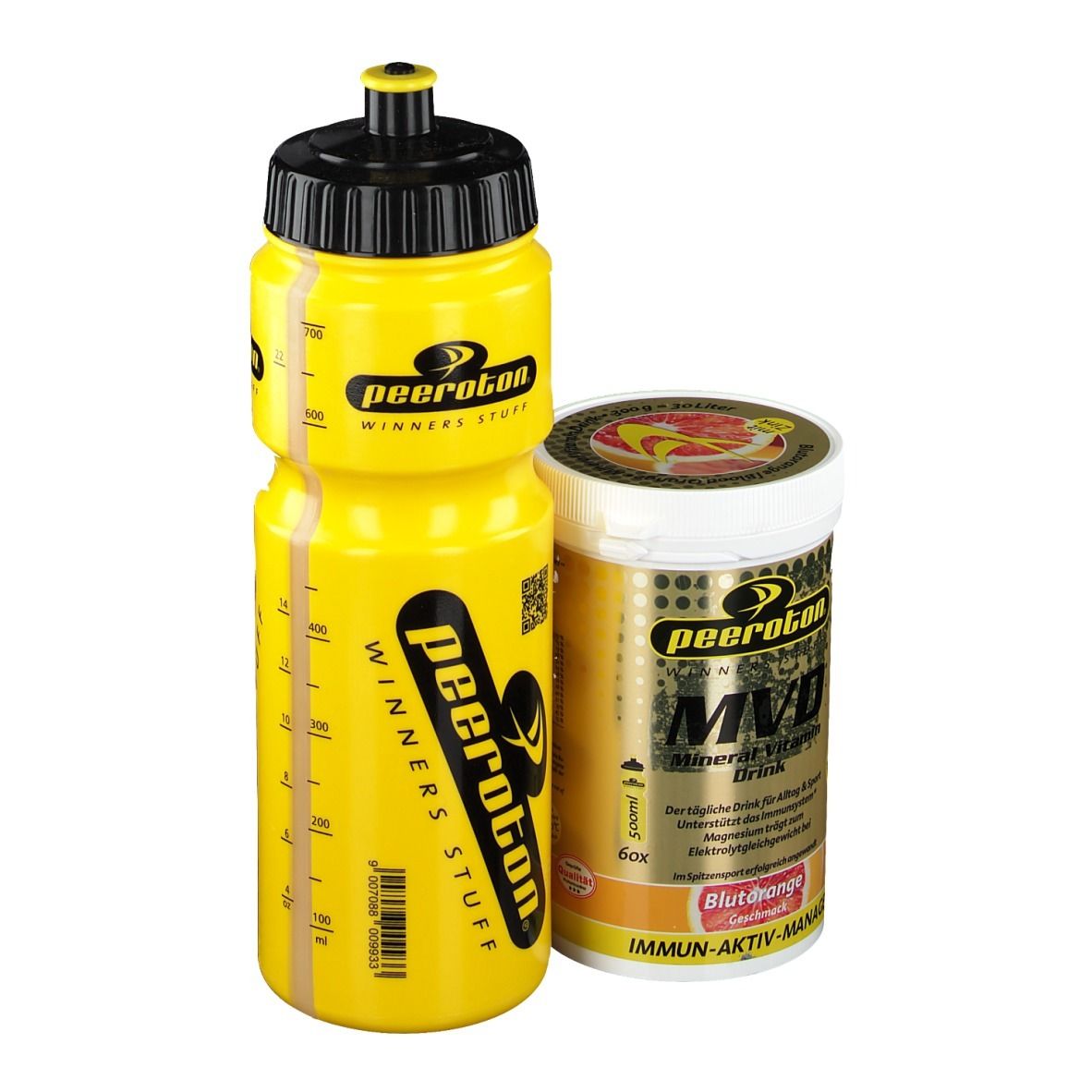 Gelbe Trinkflasche und Dose. Auf der Dose steht "MVD Mineral Vitamin Drink Blutorange". Die Flasche hat den Schriftzug "peeroton".