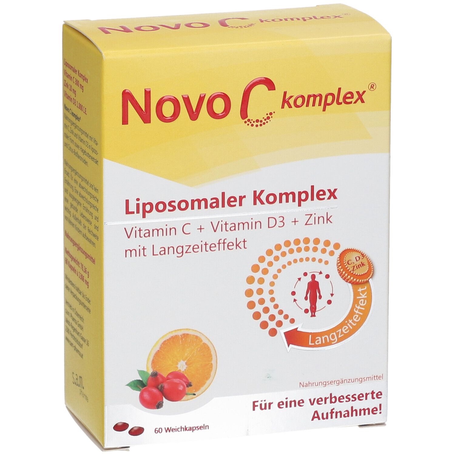 Gelbe Schachtel Novo C komplex®. Aufschrift: Liposomaler Komplex, Vitamin C, D3, Zink. Abbildung von Orange und Hagebutte.
