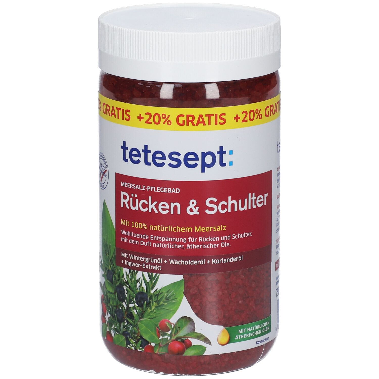 Runde Dose mit rotem Inhalt. Aufschrift: tetesept: MEERSALZ-PFLEGEBAD Rücken & Schulter. Mit 20% gratis.