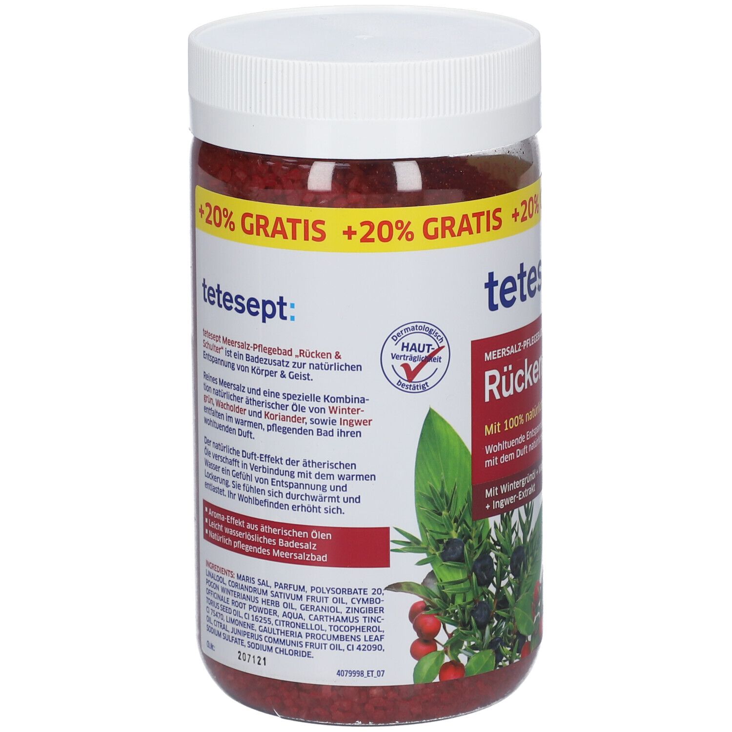 Runde Dose mit rotem Inhalt. Aufschrift: tetesept: MEERSALZ-PFLEGEBAD Rücken & Schulter. Hautverträglichkeit-Siegel.