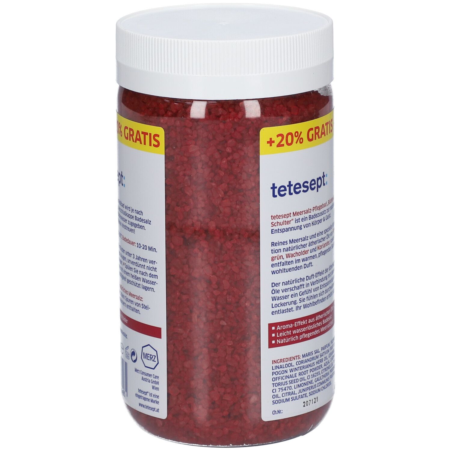 Runde Dose mit rotem Inhalt. Aufschrift: tetesept: MEERSALZ-PFLEGEBAD Rücken & Schulter. Rückseite mit Text.