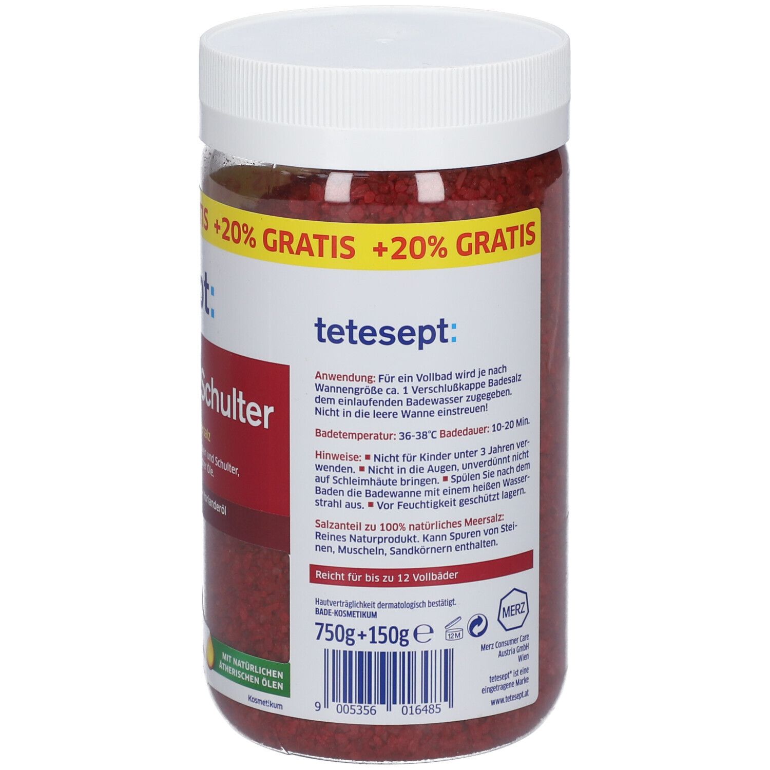 Runde Dose mit rotem Inhalt. Aufschrift: tetesept: MEERSALZ-PFLEGEBAD Rücken & Schulter. Rückseite mit Text. 750g + 150g.
