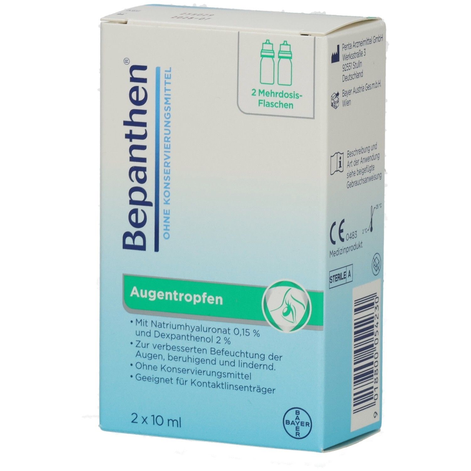 Karton mit Bepanthen Augentropfen. Enthält 2 Mehrdosis-Fläschchen. Aufschrift: Augentropfen, 2 x 10 ml. Bayer-Logo.