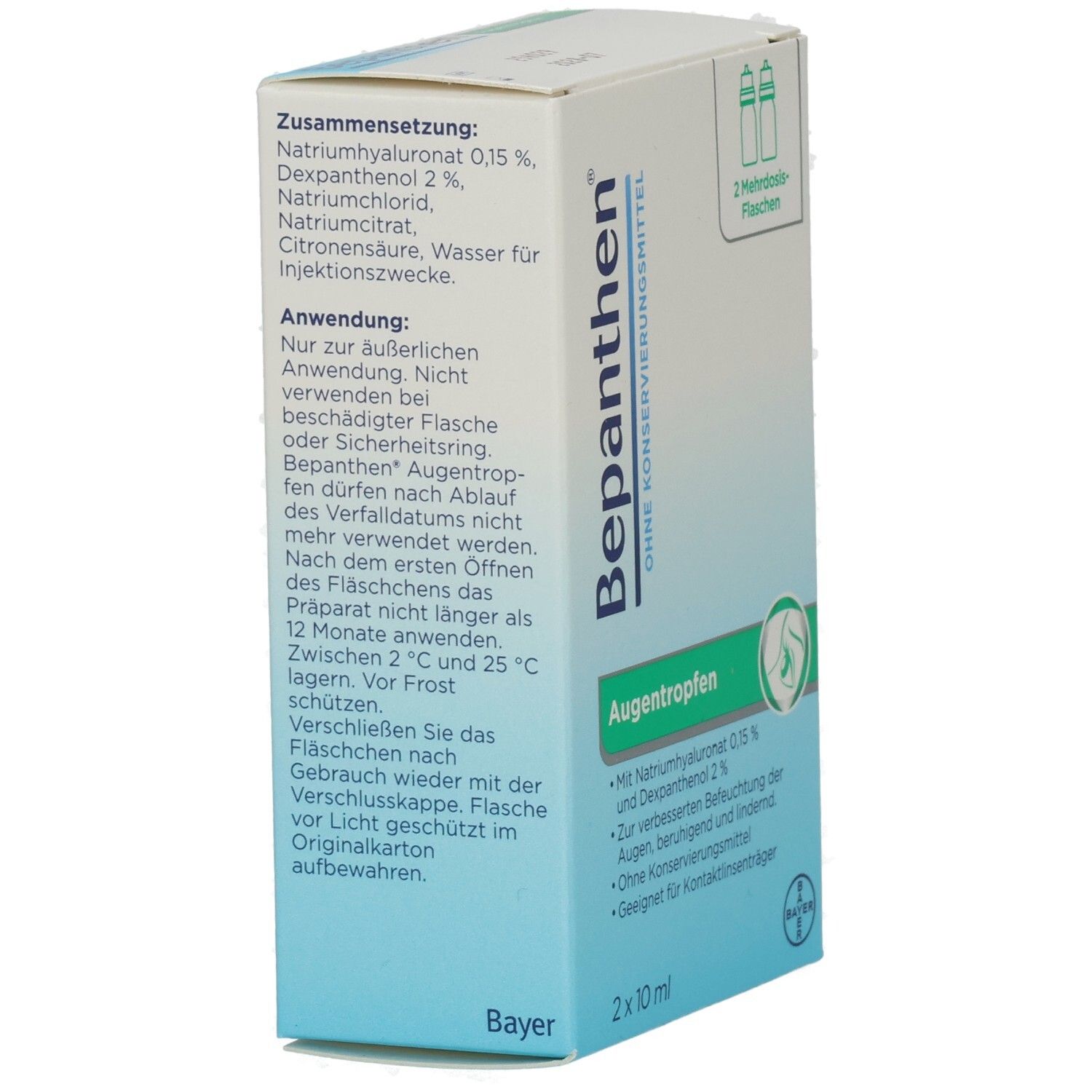Rückseite der Bepanthen Augentropfen-Verpackung. Enthält Informationen zur Zusammensetzung und Anwendung. Bayer-Logo.