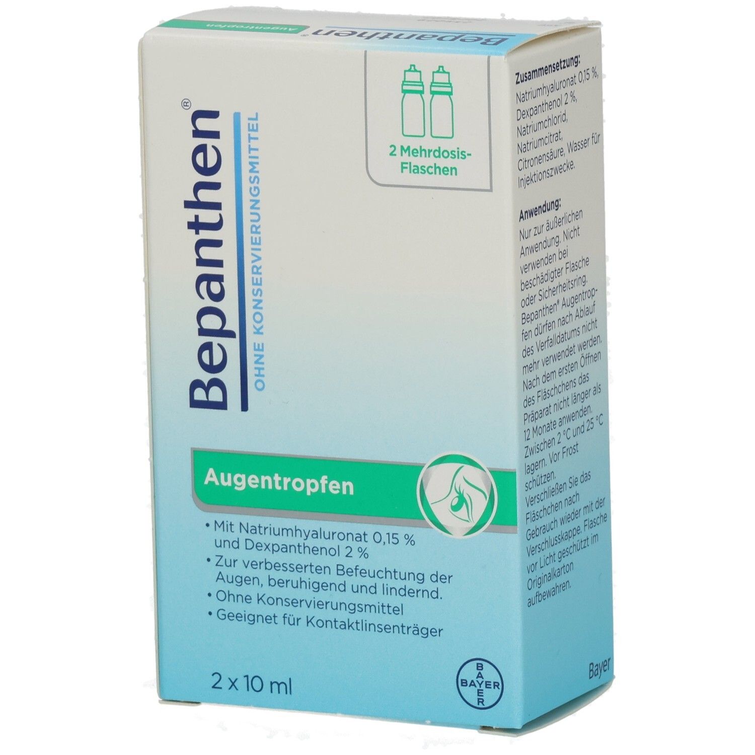 Karton mit Bepanthen Augentropfen. Enthält 2 Mehrdosis-Fläschchen. Aufschrift: Augentropfen, 2 x 10 ml. Bayer-Logo.
