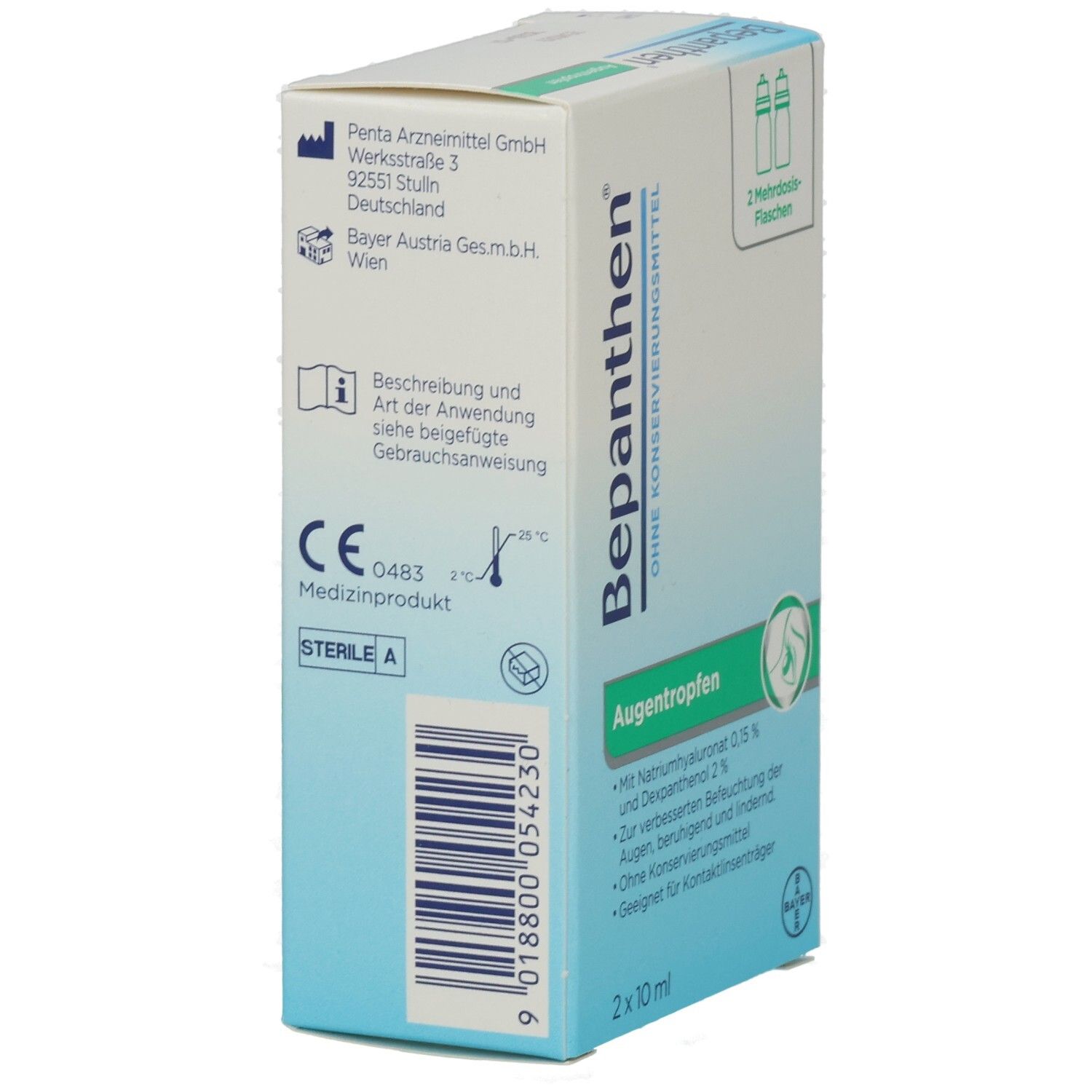 Seitenansicht der Bepanthen Augentropfen-Verpackung. Enthält Informationen zur Herstellung und Zertifizierung. Bayer-Logo.