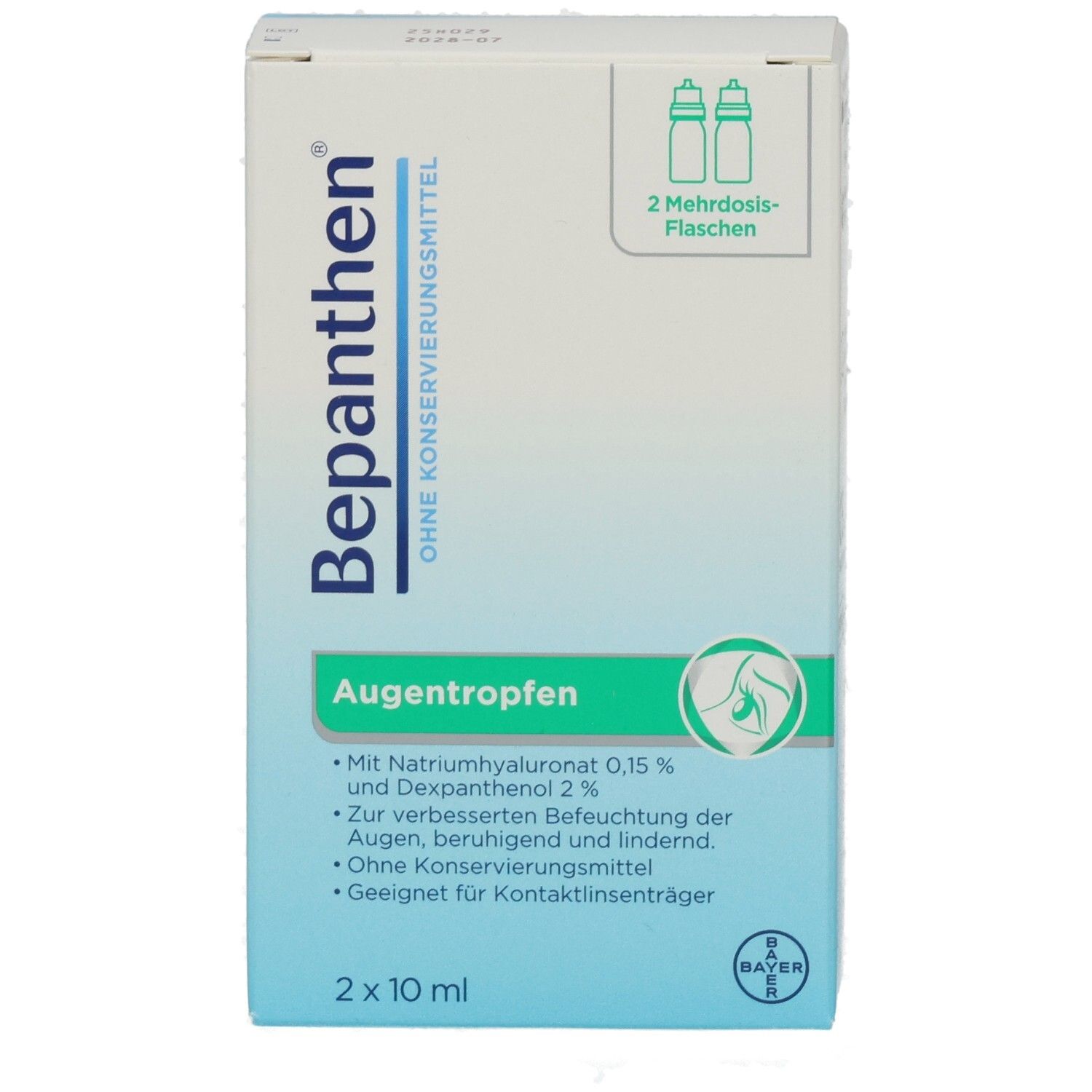 Vorderseite der Bepanthen Augentropfen-Verpackung. Enthält 2 Mehrdosis-Fläschchen. Aufschrift: Augentropfen, 2 x 10 ml. Bayer-Logo.