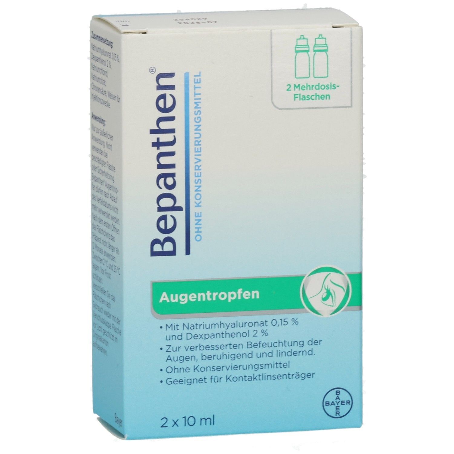 Vorderseite der Bepanthen Augentropfen-Verpackung. Enthält 2 Mehrdosis-Fläschchen. Aufschrift: Augentropfen, 2 x 10 ml. Bayer-Logo.