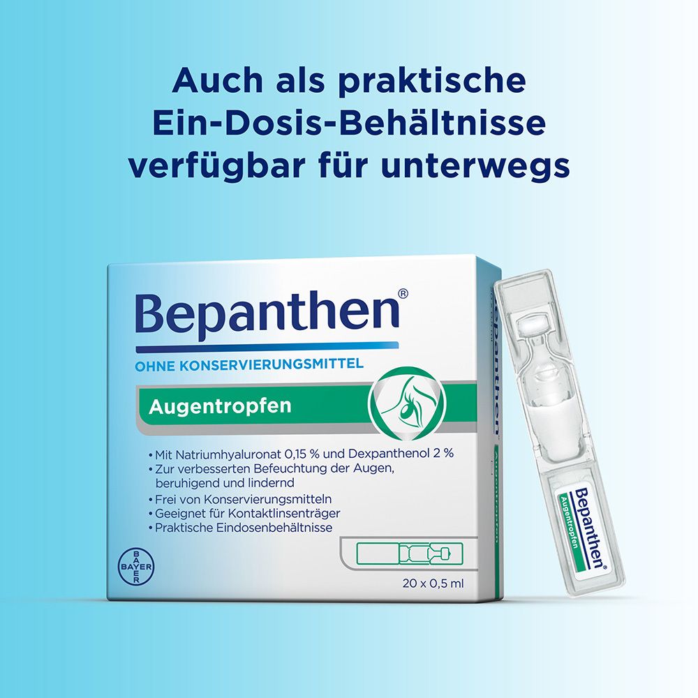 Verpackung mit Einzeldosis-Behältern. Text: Auch als praktische Ein-Dosis-Behältnisse verfügbar für unterwegs.