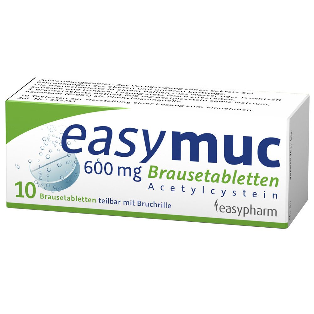 Brausetabletten-Packung mit Produktnamen und Dosierung. 10 Tabletten, teilbar. Grün-weiße Verpackung mit Produktinformationen.