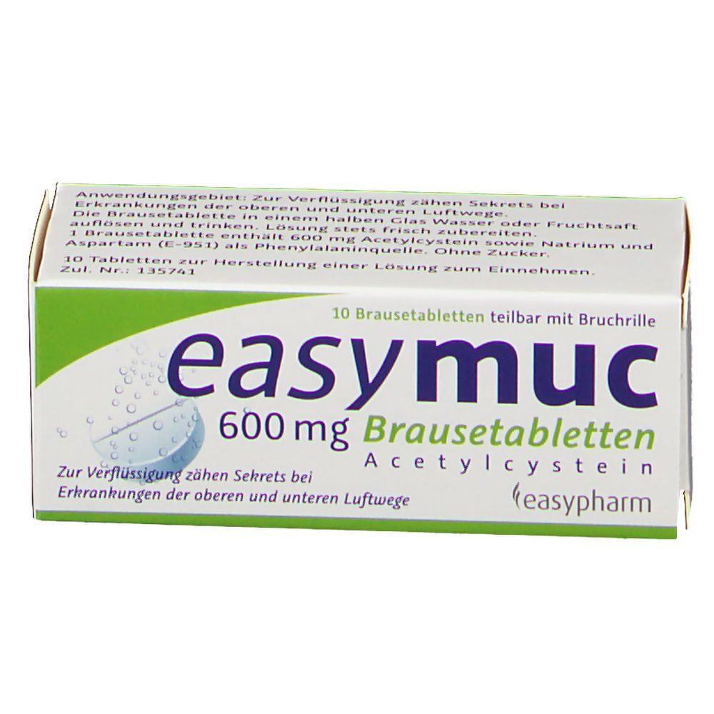 Brausetabletten-Packung mit Produktnamen und Dosierung. 10 Tabletten, teilbar. Grün-weiße Verpackung mit Produktinformationen.