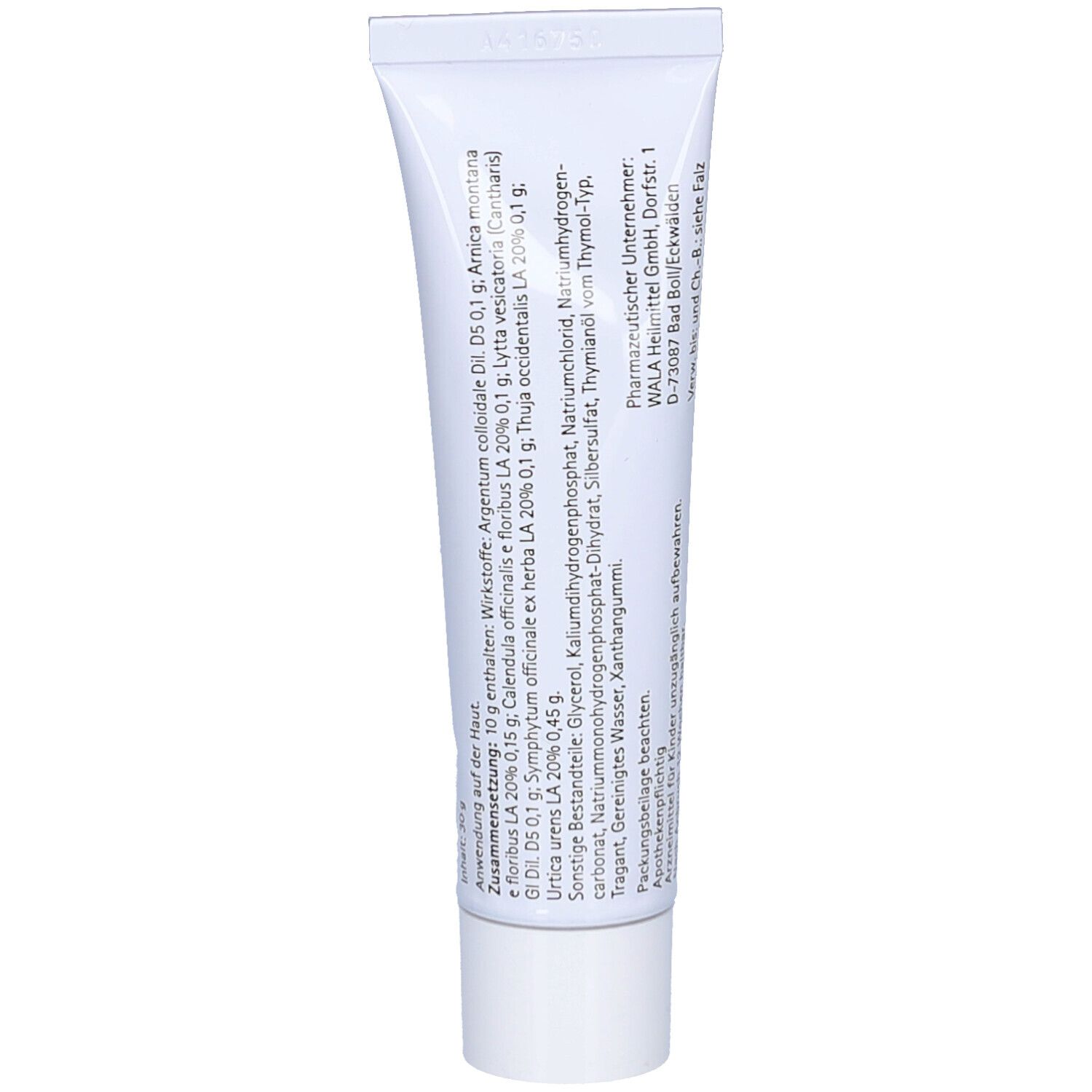Weiße Tube, Rückseite. Text: Inhaltsstoffe, Zusammensetzung, Herstellerinformationen. Enthält u.a. Arnica montana, Thuja occidentalis.