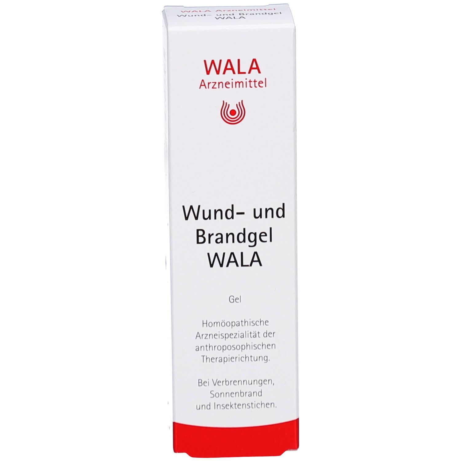 Schachtel, Vorderseite. Aufschrift: WALA, Wund- und Brandgel. Gel für Verbrennungen, Sonnenbrand und Insektenstiche.