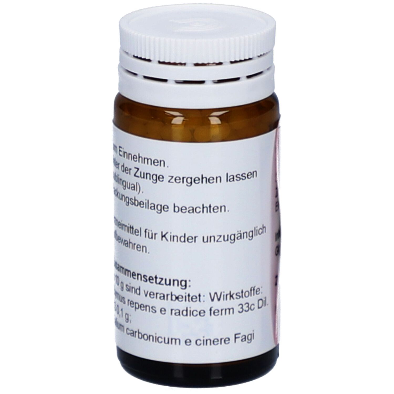 Braune Glasflasche mit weißem Deckel. Etikett mit Produktinformationen, Inhaltsstoffen und Warnhinweisen.