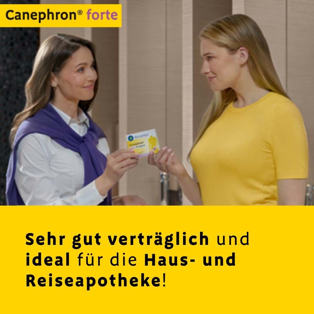 Zwei Frauen. Eine gibt die Schachtel Canephron® forte Dragees. Text: Sehr gut verträglich und ideal für Reiseapotheke!