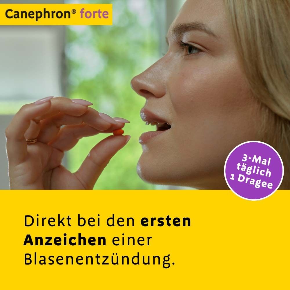 Frau nimmt Tablette. Text: Direkt bei den ersten Anzeichen einer Blasenentzündung. 3-mal täglich 1 Dragee.