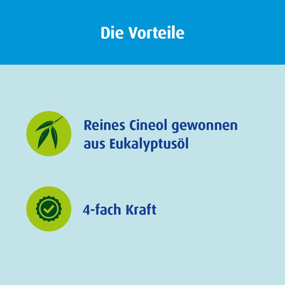 Grafik mit Text: Die Vorteile. Reines Cineol gewonnen aus Eukalyptusöl. 4-fach Kraft.