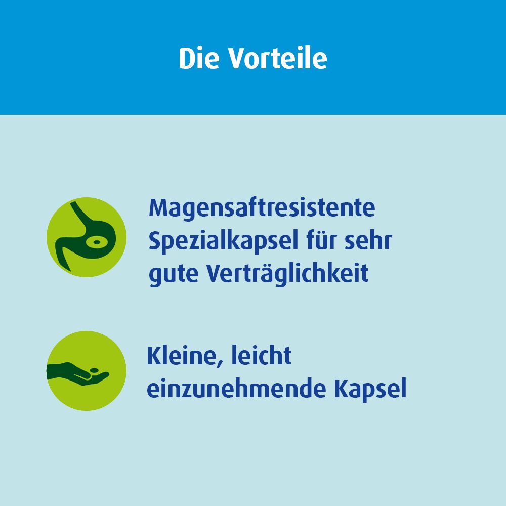 Grafik mit Text: Die Vorteile. Magensaftresistente Spezialkapsel. Kleine, leicht einzunehmende Kapsel.