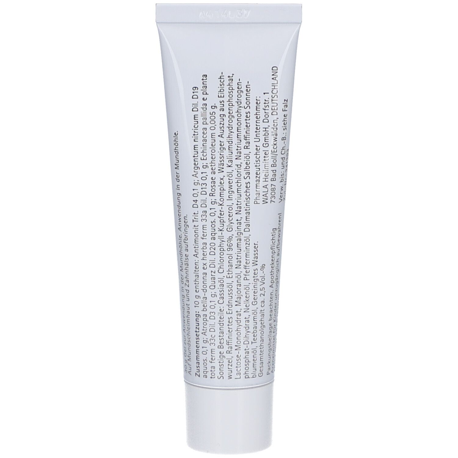 Rückseite der Tube. Text: Zusammensetzung, Inhaltsstoffe, Herstellerinformationen. Apothekenpflichtig.