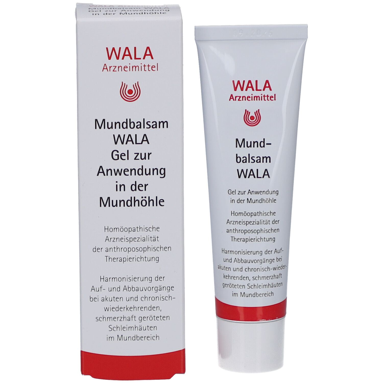 Produktverpackung: Tube und Karton. Beschriftung: WALA Arzneimittel, Mundbalsam WALA Gel. Anwendung in der Mundhöhle.