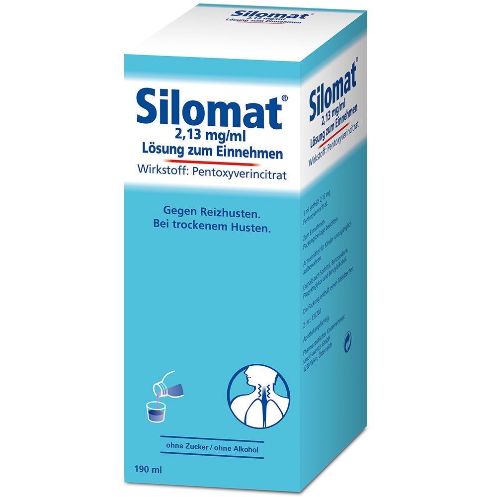 Silomat®-Verpackung. Blaue und weiße Schachtel mit Produktnamen, Inhaltsstoffen und Anwendungsbereich. 190 ml.