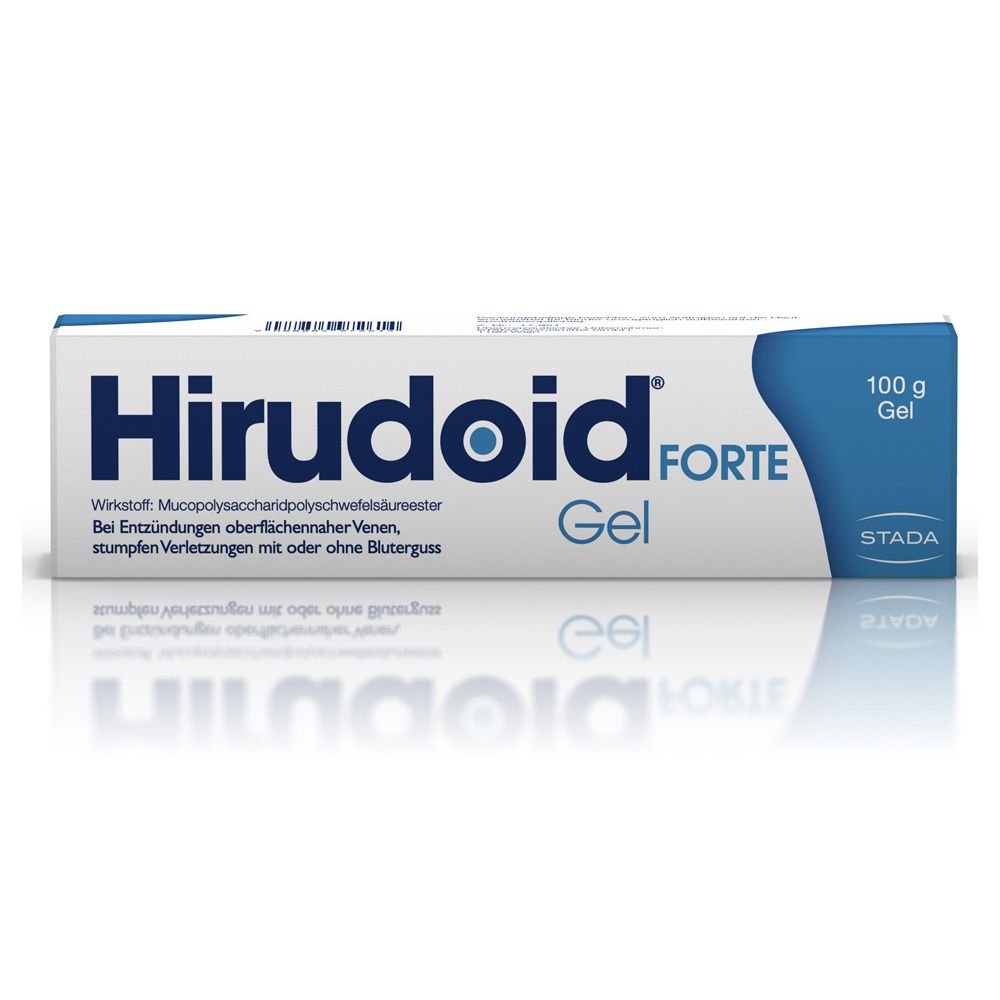 Weiße Tube Hirudoid® Forte Gel. Blaue Schrift und Logo. 100 g Gel. STADA Logo.