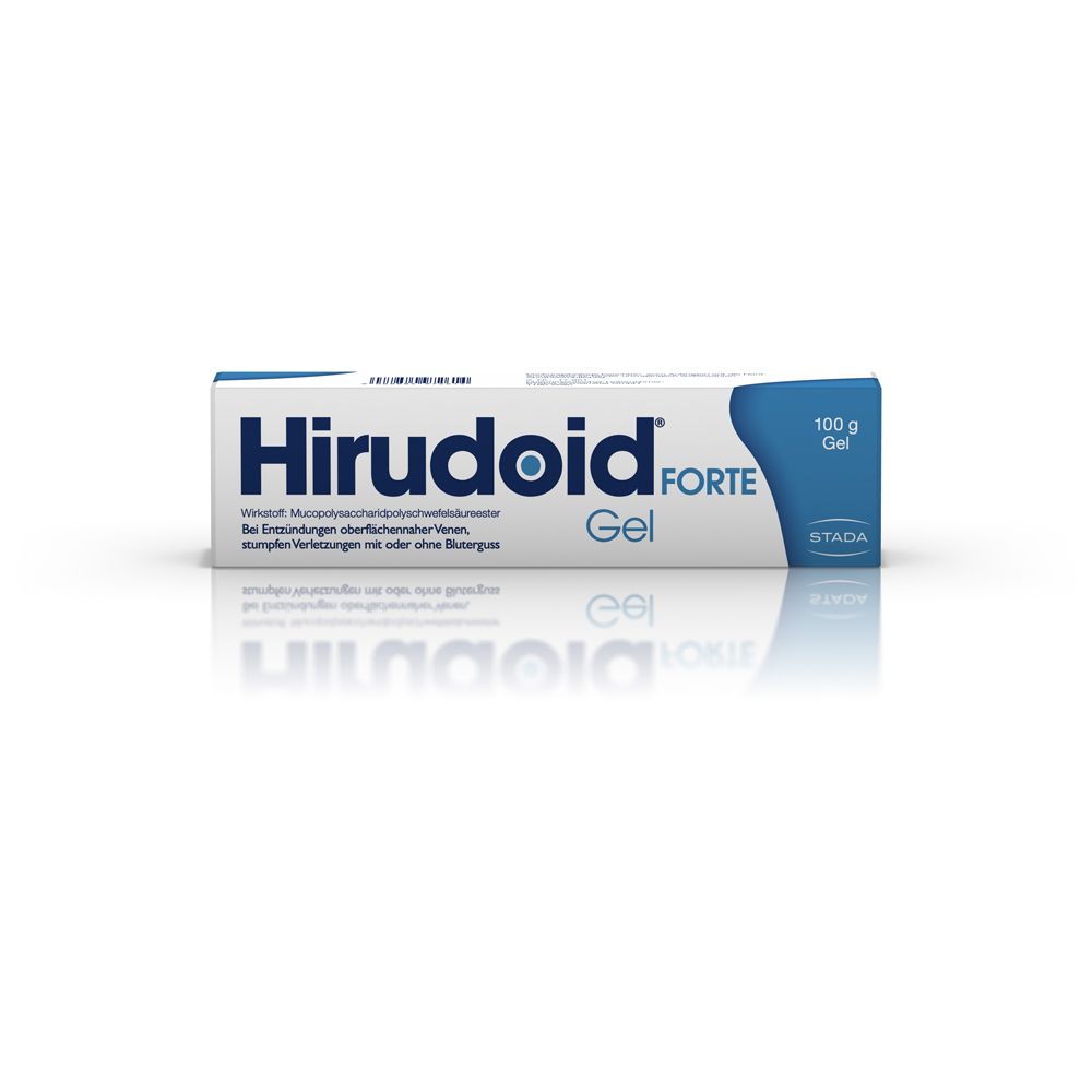 Weiße Tube Hirudoid® Forte Gel. Blaue Schrift und Logo. 100 g Gel. STADA Logo.