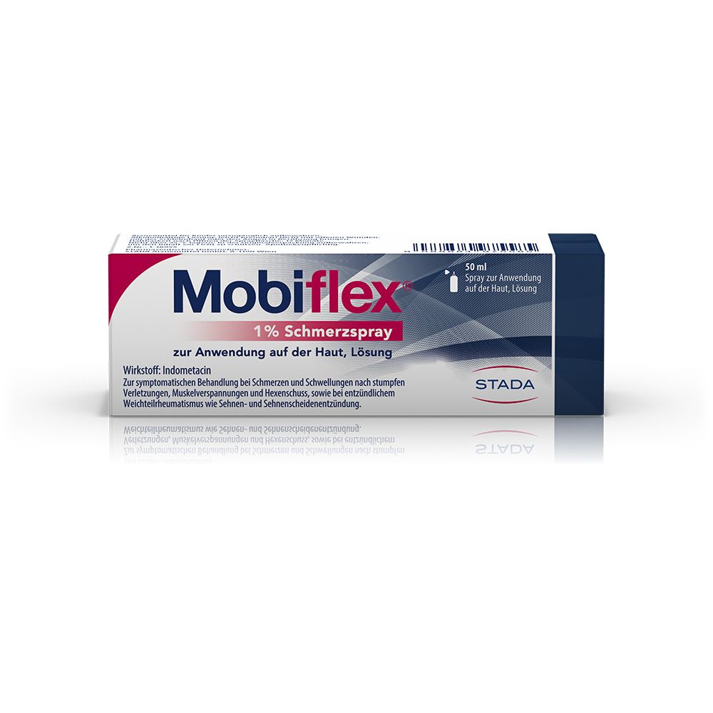 Mobiflex 1% Schmerzspray-Packung. Weiß, rot und blau. Text: Mobiflex, 1% Schmerzspray, STADA.
