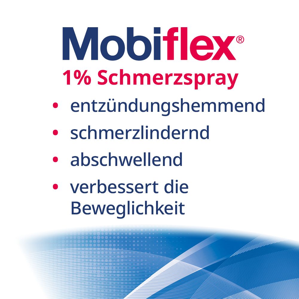Text: Mobiflex 1% Schmerzspray. Entzündungshemmend, schmerzlindernd, abschwellend, verbessert die Beweglichkeit.