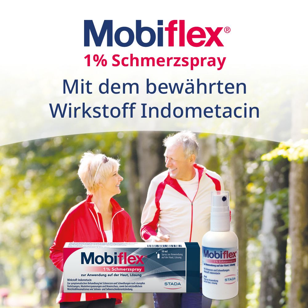 Mobiflex 1% Schmerzspray-Flasche und -Packung. Älteres Paar beim Joggen. Text: Mobiflex, 1% Schmerzspray, STADA.