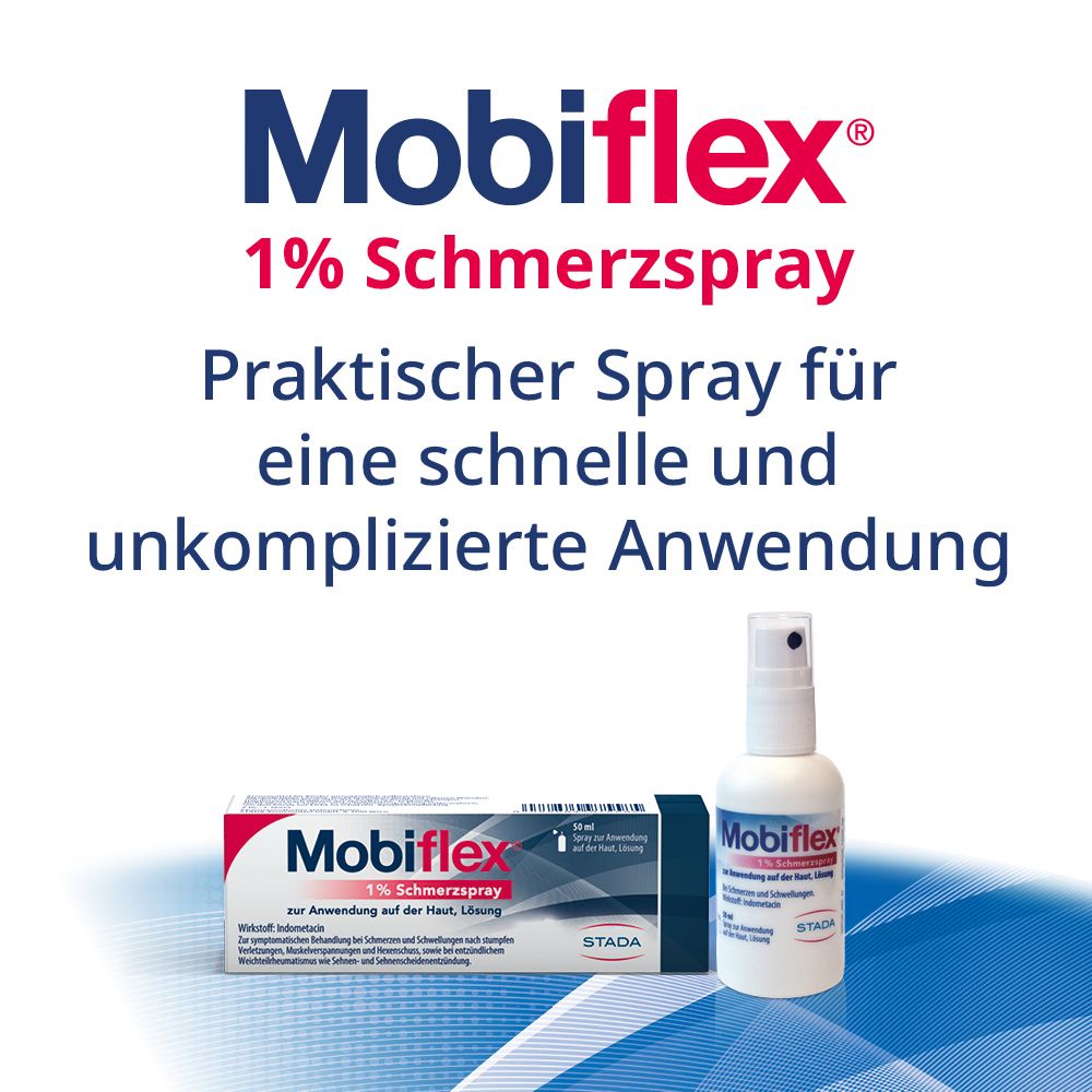 Mobiflex 1% Schmerzspray-Flasche und -Packung. Text: Mobiflex, 1% Schmerzspray. Praktischer Spray für schnelle und unkomplizierte Anwendung.