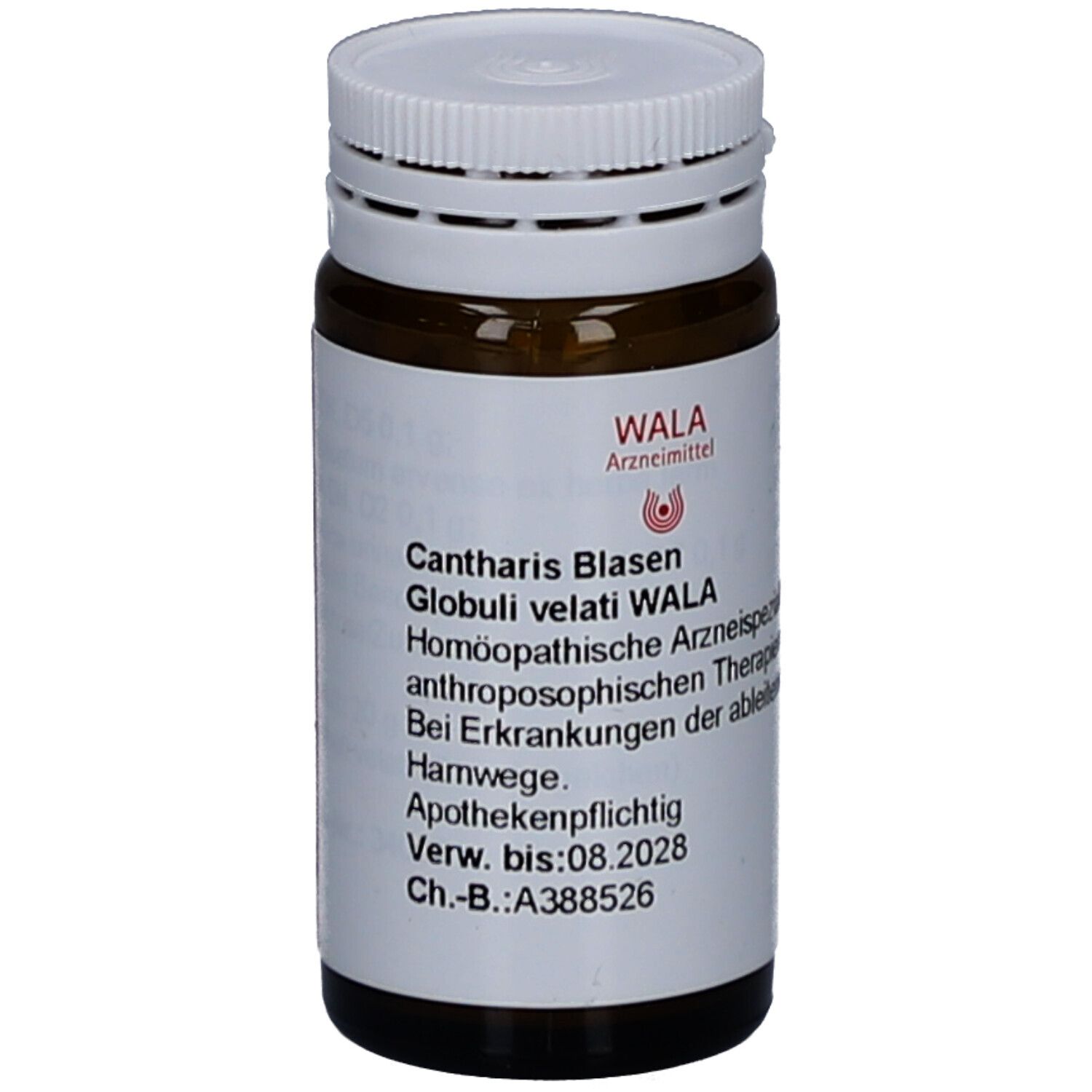 Braune Glasflasche mit weißem Deckel. Beschriftung: CANTHARIS BLASEN WAL GLO VEL. Apothekenpflichtig.