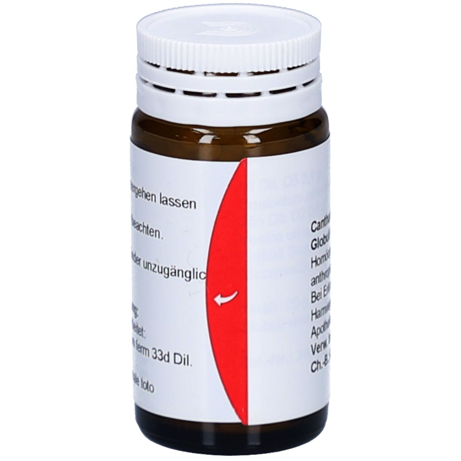 Braune Glasflasche mit weißem Deckel. Roter Streifen mit weißem Pfeil. Beschriftung.