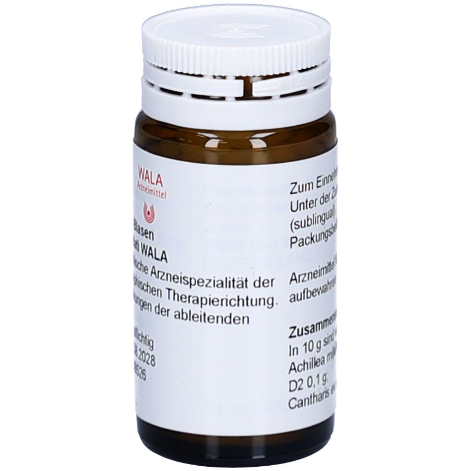 Braune Glasflasche mit weißem Deckel. Beschriftung: CANTHARIS BLASEN WAL GLO VEL. Apothekenpflichtig.