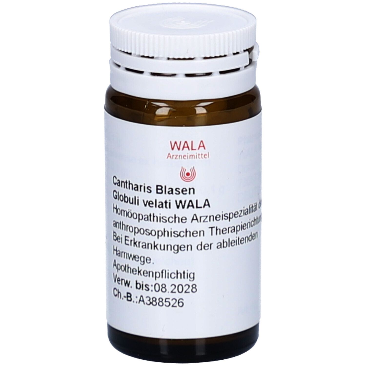 Braune Glasflasche mit weißem Deckel. Beschriftung: CANTHARIS BLASEN WAL GLO VEL. Apothekenpflichtig.