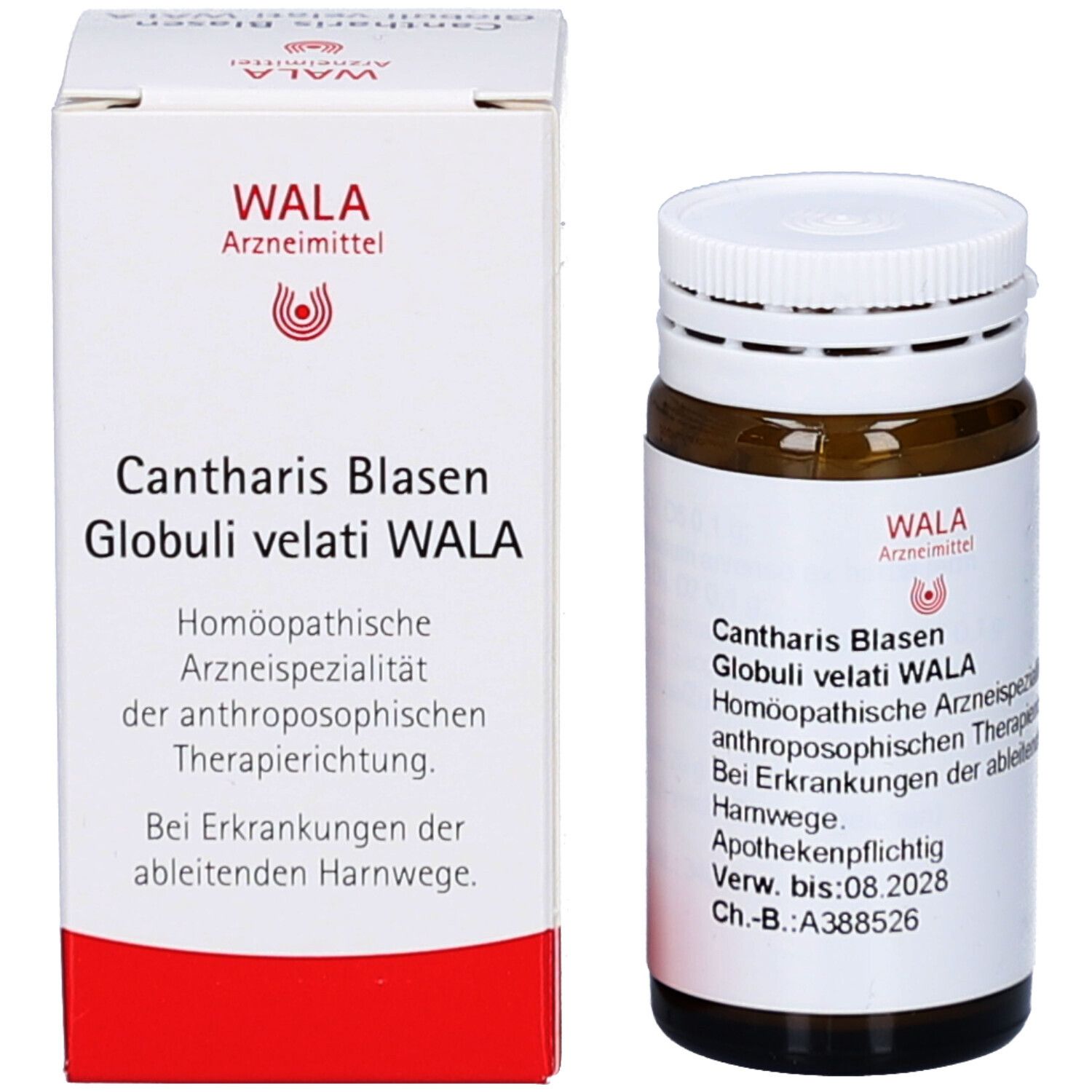 Braune Glasflasche und Schachtel. Beschriftung: CANTHARIS BLASEN WAL GLO VEL. Apothekenpflichtig.