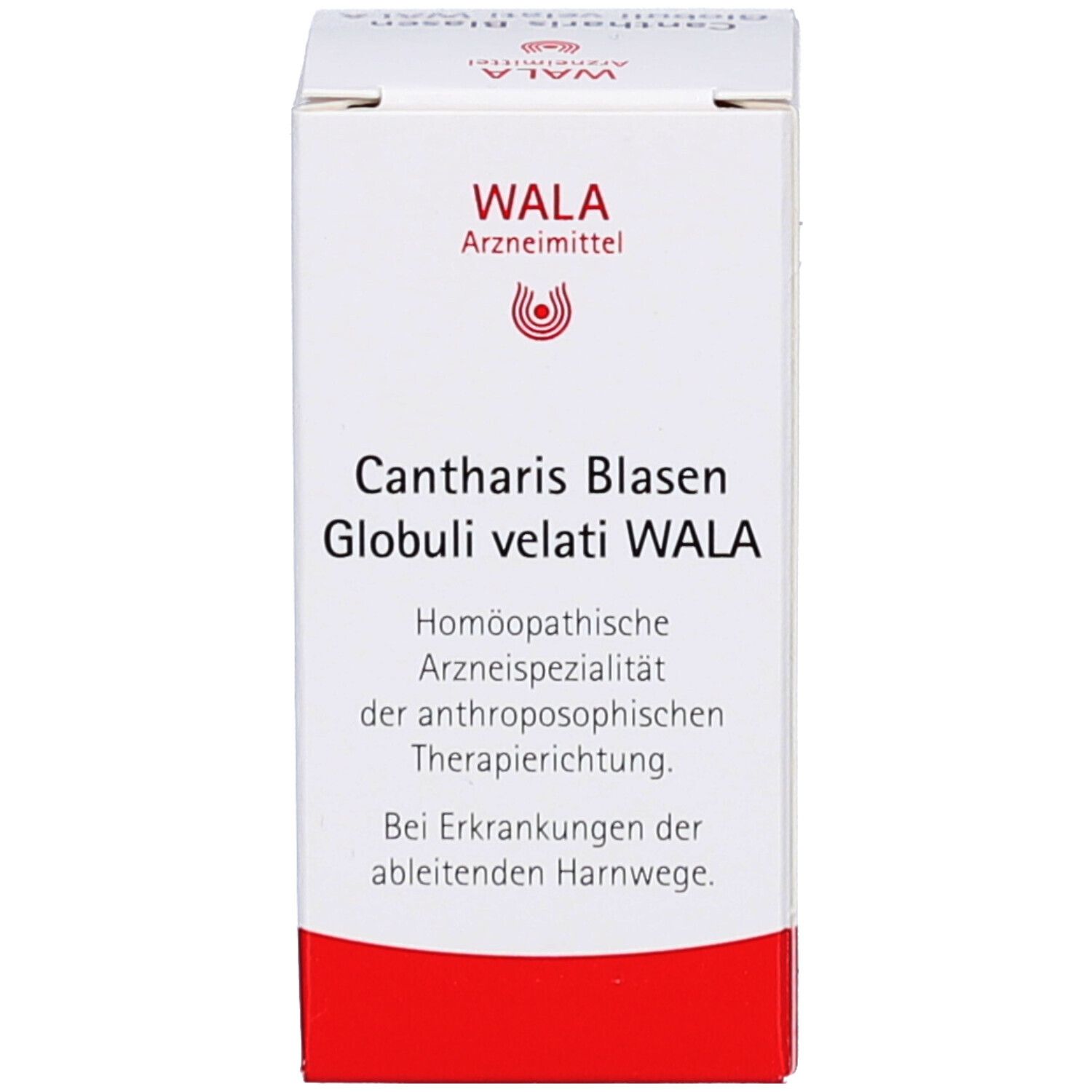 Weiße Schachtel mit rotem Streifen. Beschriftung: CANTHARIS BLASEN WAL GLO VEL.