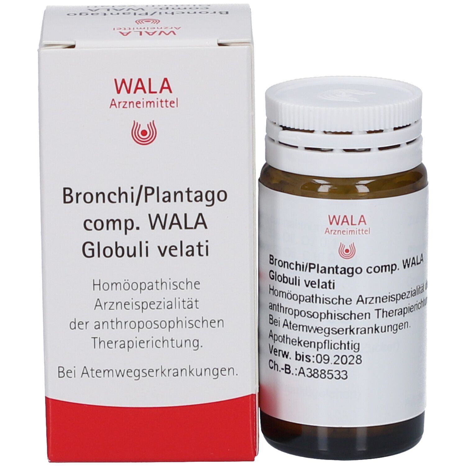 Produktverpackung mit Flasche. Beschriftung: Bronchi/Plantago comp. WALA Globuli velati. WALA Arzneimittel.