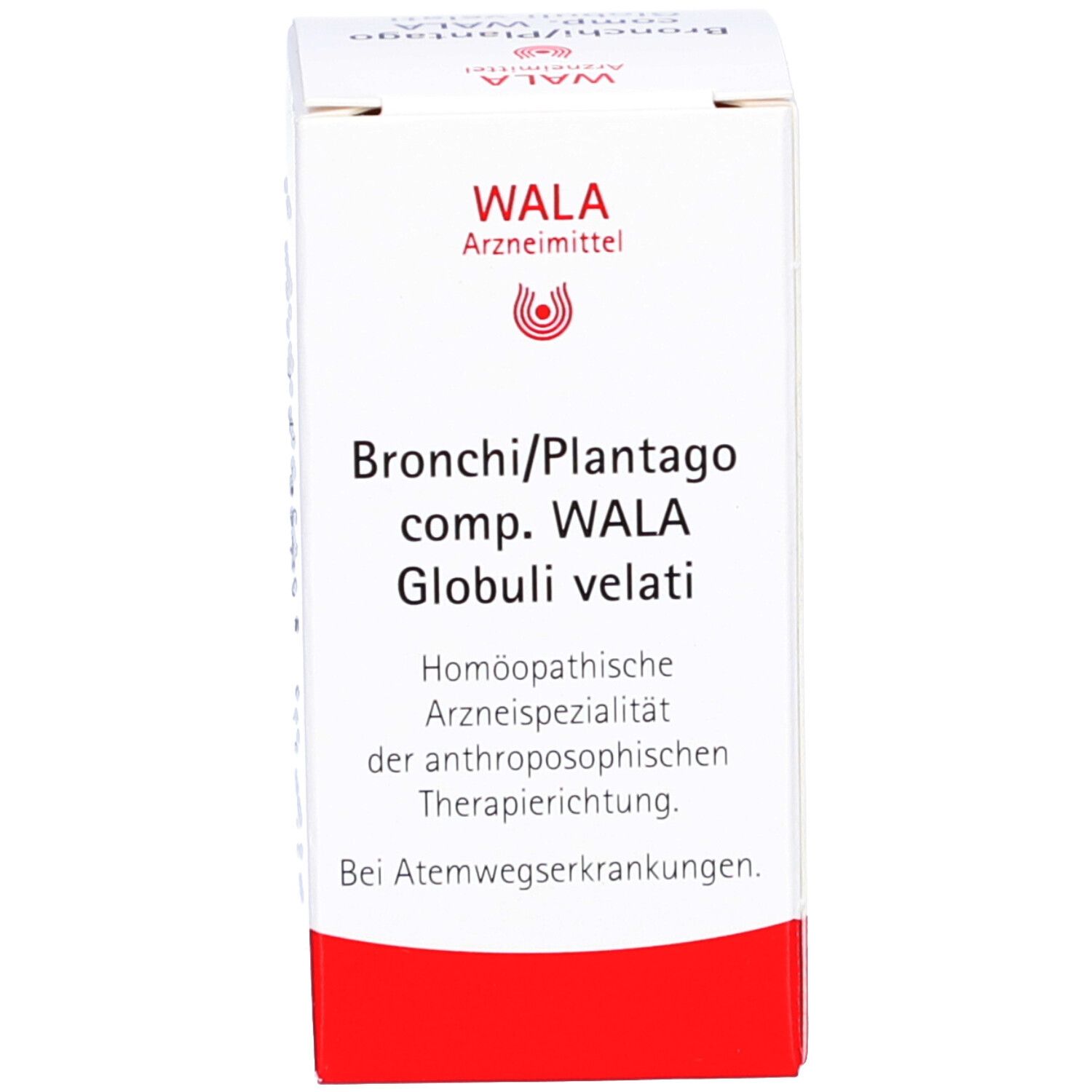 Produktverpackung. Beschriftung: Bronchi/Plantago comp. WALA Globuli velati. WALA Arzneimittel.