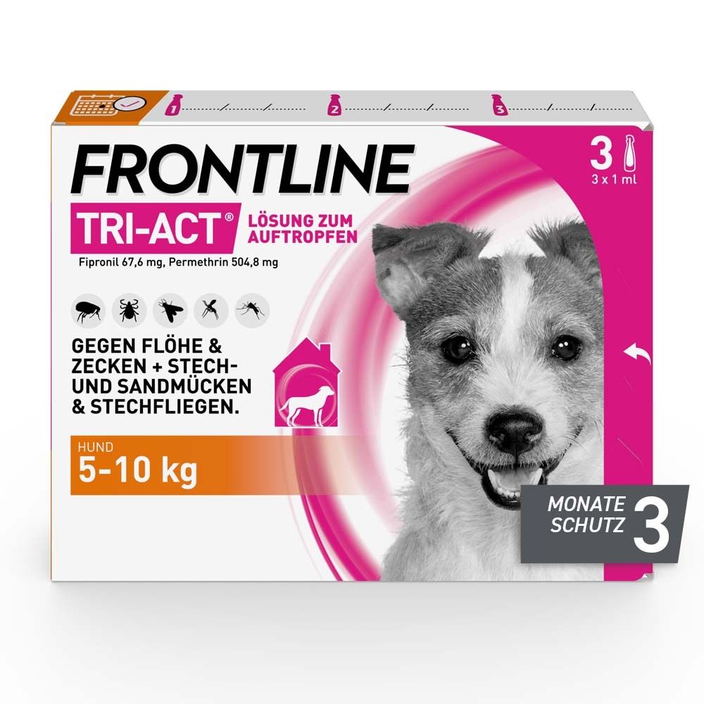 Verpackung FRONTLINE TRI-ACT für Hunde 5-10 kg. Enthält 3 Pipetten. Schützt vor Flöhen, Zecken, Sandmücken und Stechfliegen.