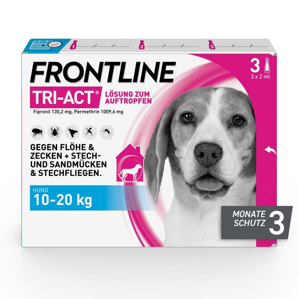 Verpackung von FRONTLINE® TRI-ACT für Hunde 10-20 kg. Enthält 3 Pipetten. Schützt vor Flöhen, Zecken, Sandmücken und Stechfliegen.