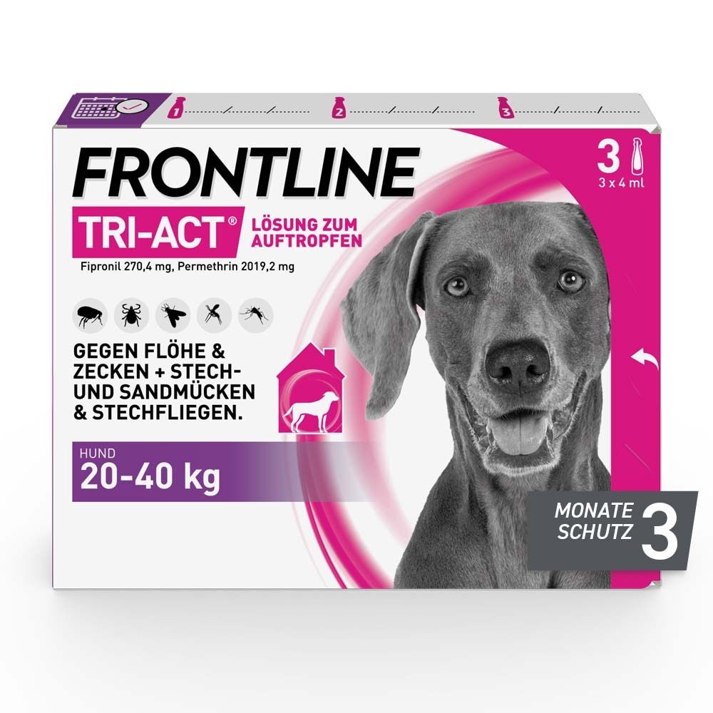 Schachtel FRONTLINE TRI-ACT für Hunde 20-40 kg. Enthält 3 Pipetten. Aufdruck: Gegen Flöhe, Zecken, Stech- und Sandmücken. Hund.