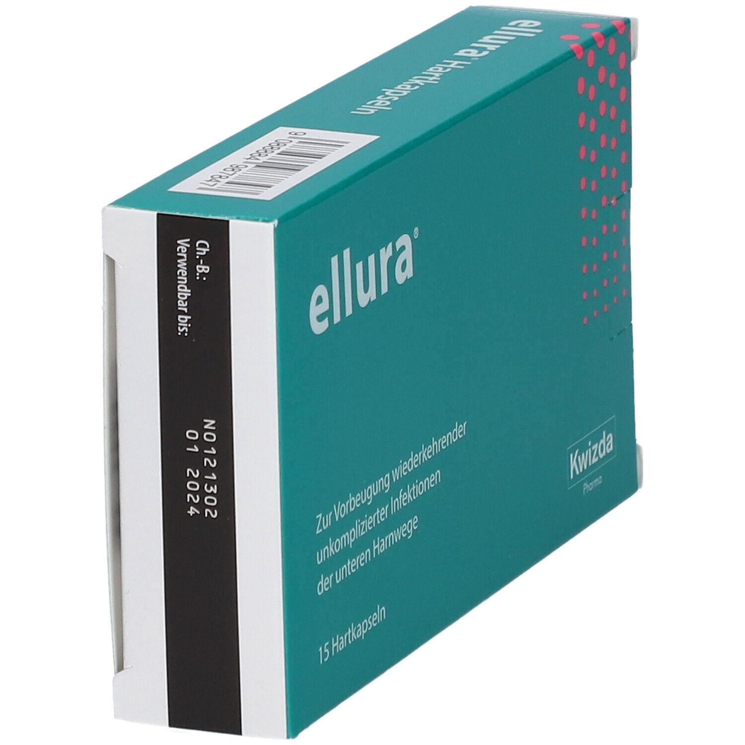ellura®-Verpackung. Türkisgrüne Schachtel mit weißer Schrift. Enthält 15 Hartkapseln. Haltbarkeitsdatum.