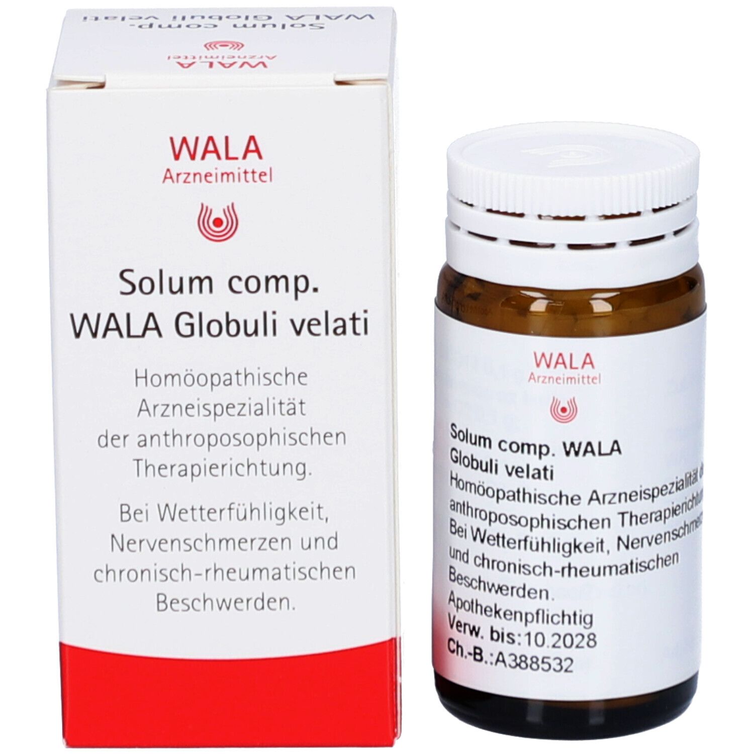Braune Glasflasche und Karton. Aufschrift: Wala Arzneimittel, Solum comp. WALA Globuli velati.