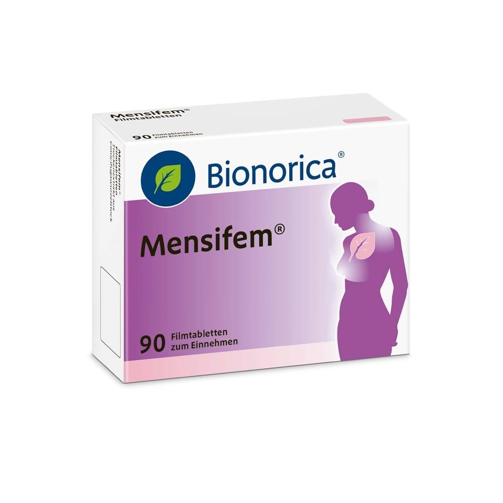 Bionorica Mensifem® Filmtabletten-Packung. 90 Tabletten. Lila und weißes Design. Frau Silhouette.