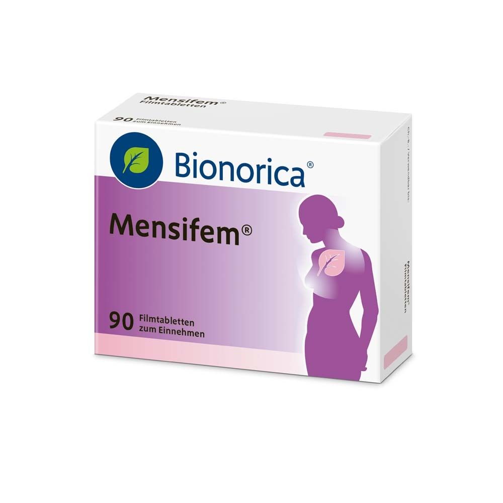 Bionorica Mensifem® Filmtabletten-Packung. 90 Tabletten. Lila und weißes Design. Frau Silhouette.