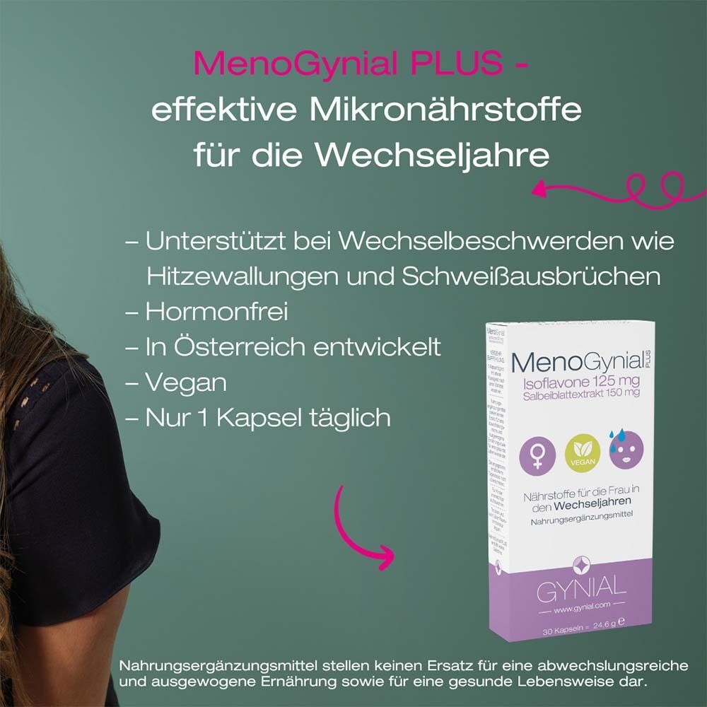 Werbebild mit Text. MenoGynial PLUS: Mikronährstoffe für die Wechseljahre. Unterstützt bei Hitzewallungen, hormonfrei, vegan.