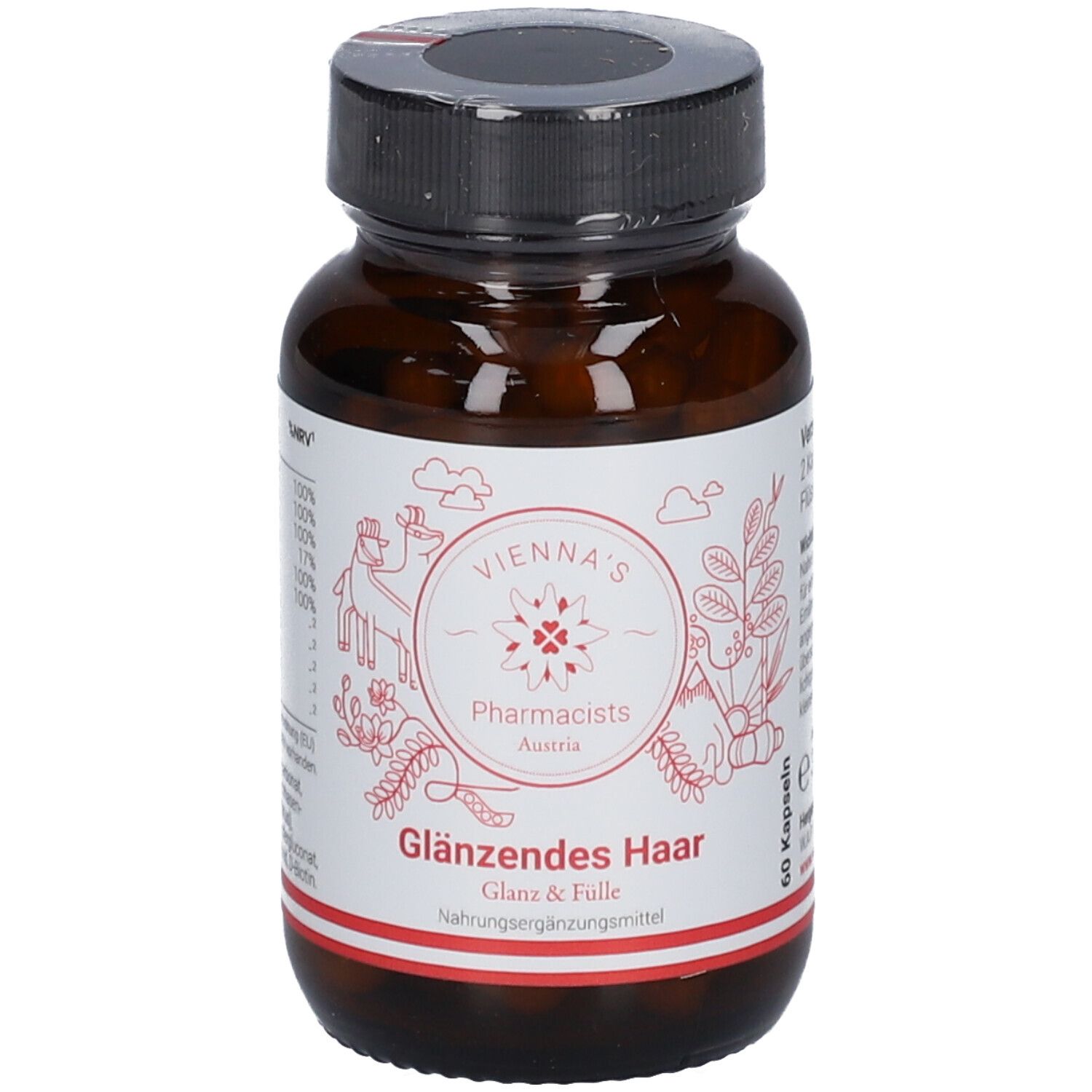 Braune Kapsel-Dose mit schwarzem Deckel. Aufschrift: VIENNA'S Pharmacists Glänzendes Haar. 60 Kapseln.